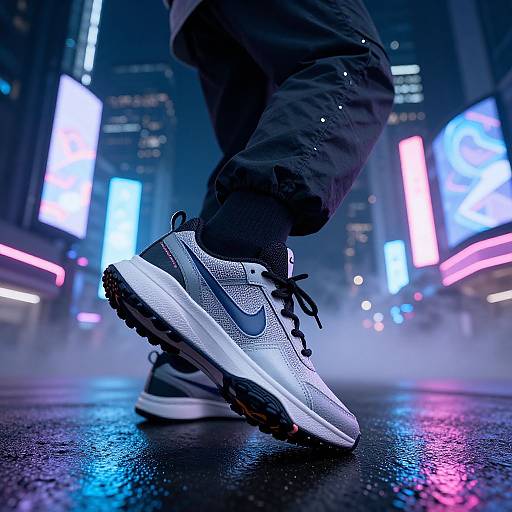 Low-angle photograph of a person in dark pants and white Nike sneakers with blue accents, walking on a wet, reflective city street at night, surrounded by