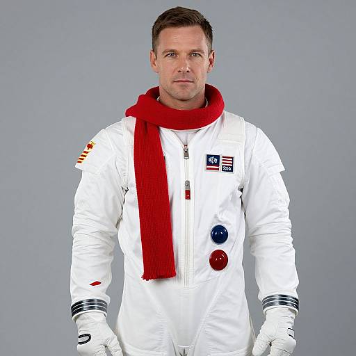 Photograph of a middle-aged man in a white astronaut suit with red scarf, blue and red buttons, and patches, standing against a gray background.