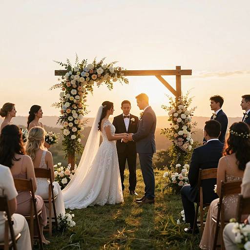 Photograph of a sunset wedding ceremony, bride in white lace dress, groom in dark suit, standing before wooden arch adorned with flowers, surrounded by seated