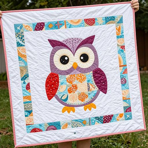 Photograph of a colorful, quilted owl pattern with large eyes, purple and orange wings, and a white background, held outdoors.