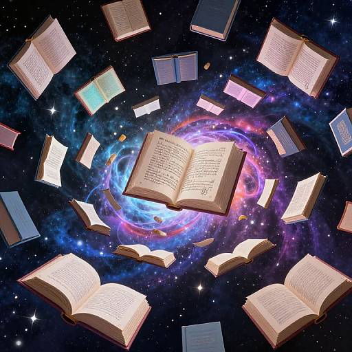 Digital artwork of floating open books surrounded by a colorful galaxy, with pages glowing, against a starry night sky background.