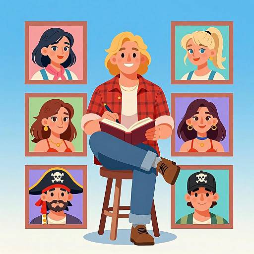 Cheerful Man Surrounded by Vibrant Portraits