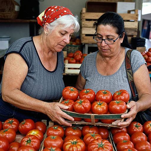 Photograph of two middle-aged women with gray hair, one wearing a red bandana, examining a basket of ripe red tomatoes at a market stall.