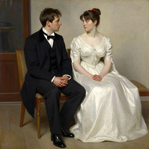 Photograph-style painting of a couple in formal attire; man in black tuxedo, woman in white satin gown, sitting on wooden chairs, g