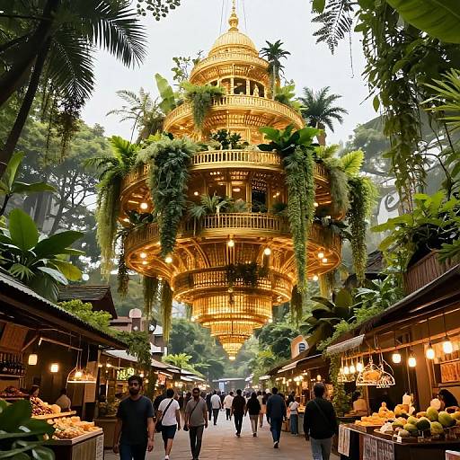 Photograph of a vibrant, tropical market with a golden, multi-tiered pagoda-like structure adorned with greenery, surrounded by lush palm trees and