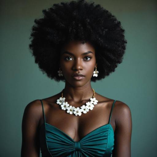 African American Woman with Afro Hairstyle and Floral Jewelry