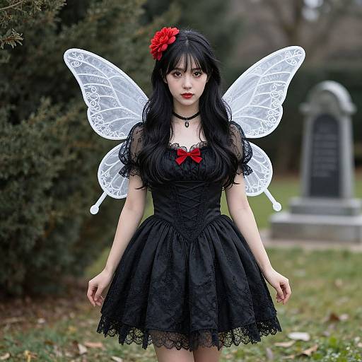 Photograph of a pale-skinned woman with long black hair, red flower hairpiece, black lace dress, red bow, white lace wings, standing