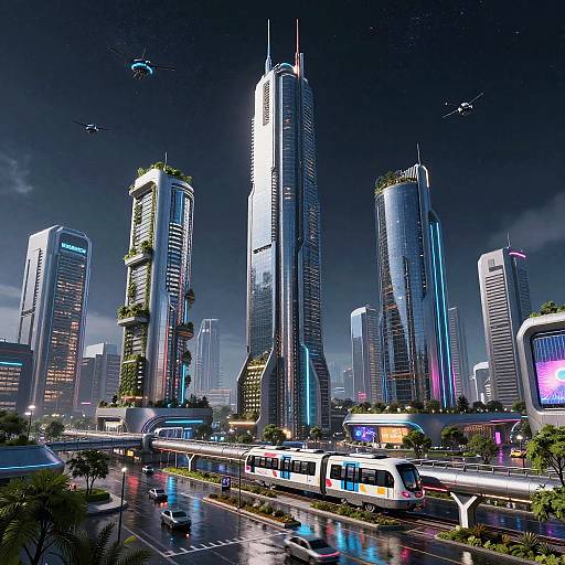 Futuristic cityscape at night with towering neon-lit skyscrapers, flying drones, illuminated roads, and a modern tram. Vibrant,