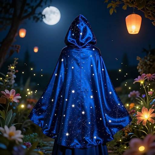 Photograph of a person in a blue, starry hooded cloak standing in a moonlit garden with glowing lanterns and flowers.