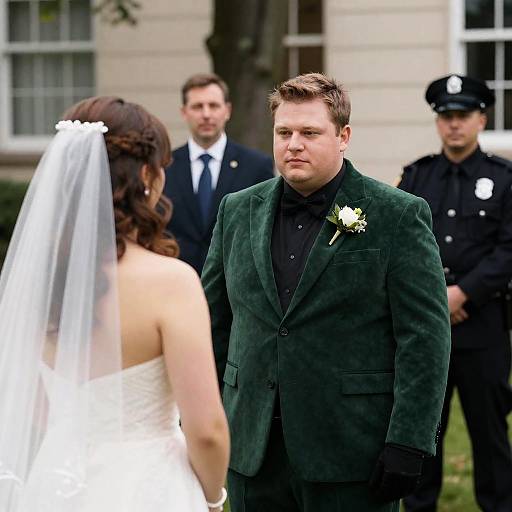 Groom in Green Velvet Suit at Wedding Ceremony