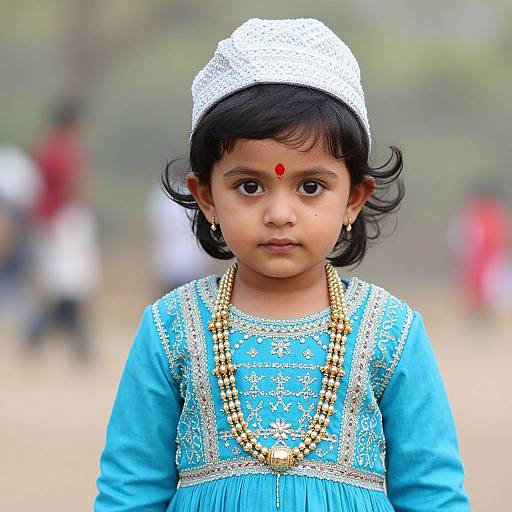 Photograph of a young Indian girl with dark hair, wearing a white embroidered cap, blue embroidered dress, gold necklace, and red bindi, standing