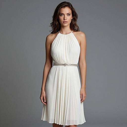 Photograph of a woman with wavy dark brown hair, wearing a white halter-neck, pleated dress with a silver beaded waistband,