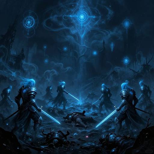 Fantasy battle scene: Blue-armored warriors with glowing swords clash in a dark, misty forest under a mystical, ethereal blue sky. Digital