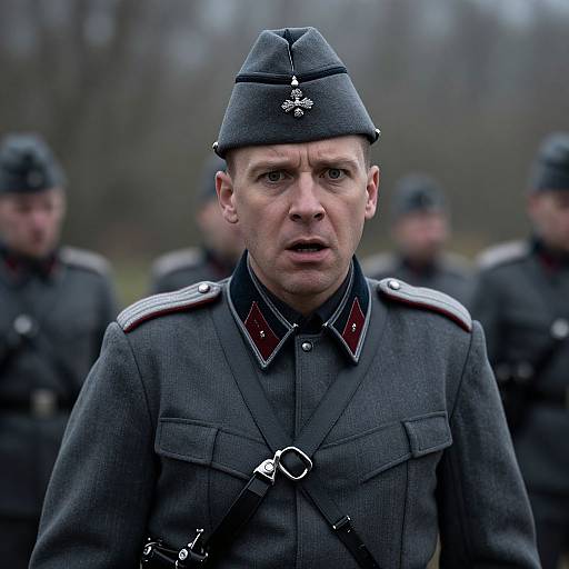 Photograph of a stern-faced white male soldier in a gray military uniform with a black hat and silver insignia, standing in front of blurred, out