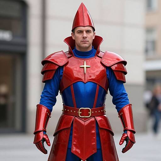 Photograph of a muscular man in vibrant red medieval-style armor with a pointed helmet, blue tunic, and cross emblem, standing in a blurred urban