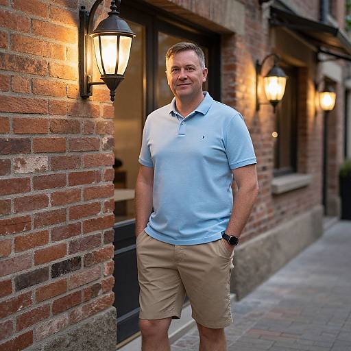 Photograph of a smiling middle-aged man in a light blue polo and beige shorts, standing in front of a brick building with warm street lamps.