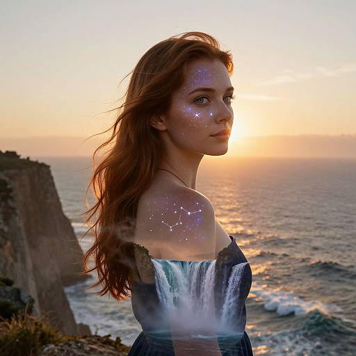 Photograph of a red-haired woman with sparkling face glitter, wearing a strapless blue dress, standing by a sunset ocean with cliffs.