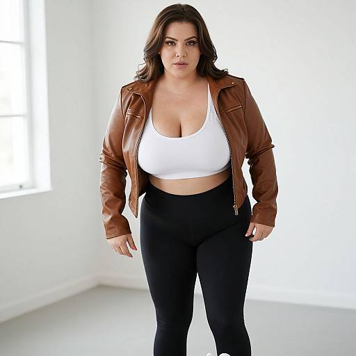 Photograph of a curvy woman with long brown hair, wearing a white sports bra, brown leather jacket, and black pants, standing confidently in a