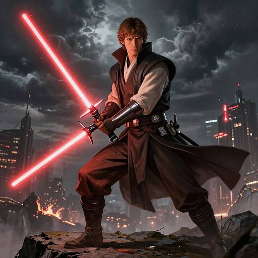 Photorealistic digital art of a young man with brown hair wielding a glowing red lightsaber, standing on a rocky rooftop amidst a dark, cloudy city