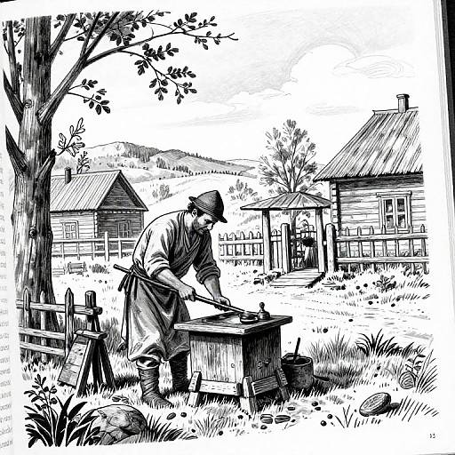 Black and white illustration of a man in a cap and apron, blacksmithing at a forge in a rustic countryside with two wooden houses and a