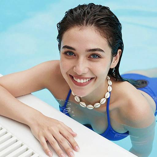 Smiling woman with wet brown hair, wearing blue bikini and white seashell necklace, leans on pool ladder, bright blue water background. Photographic