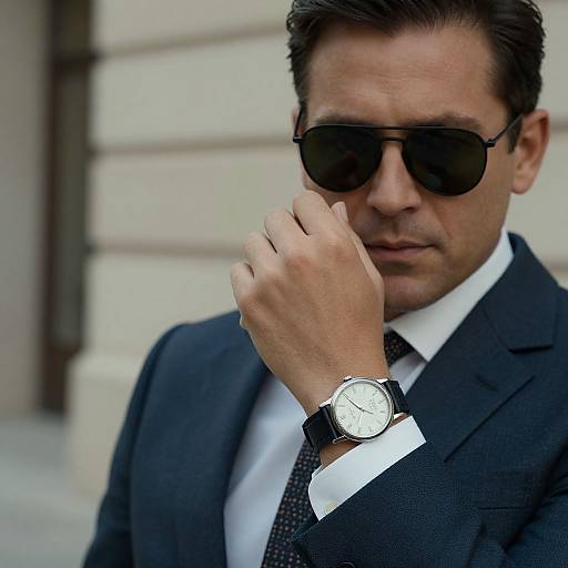 Photograph of a serious, middle-aged man in a black suit, white shirt, and black tie, wearing dark sunglasses and a silver watch, touching
