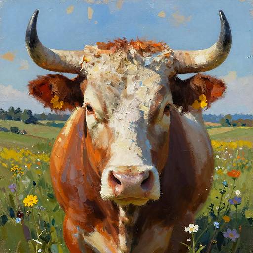 Bright, impressionistic painting of a brown and white cow with large horns standing in a colorful, sunlit meadow filled with wildflowers.