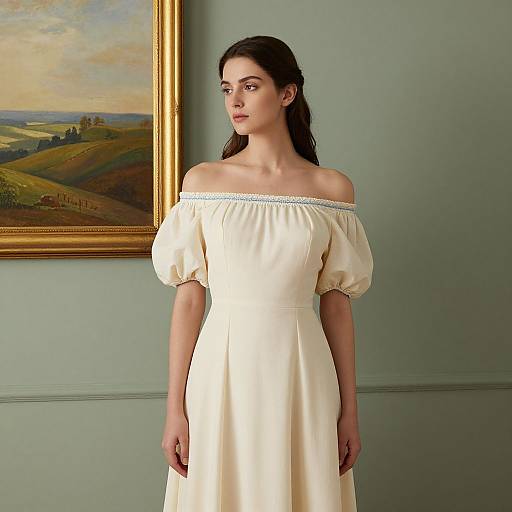 Photograph of a pale-skinned woman with dark brown hair, wearing an off-shoulder, cream-colored dress, standing in a room with a