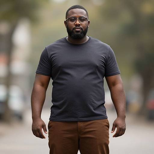 Photograph of a muscular, bearded Black man with short hair, wearing glasses, black t-shirt, and brown pants, standing confidently in a blurred