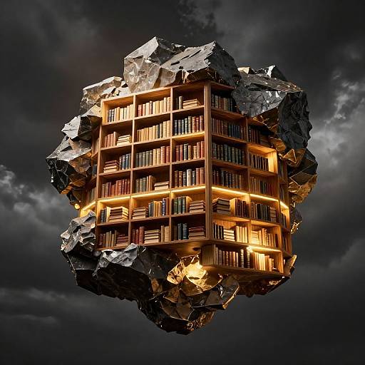 Photorealistic CGI of a floating, rocky library with illuminated wooden shelves and numerous books against a dark, stormy sky.