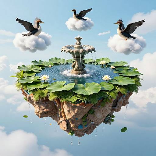 Digital artwork of a floating island with a fountain, lily pads, white water lilies, and three blackbirds on fluffy clouds.