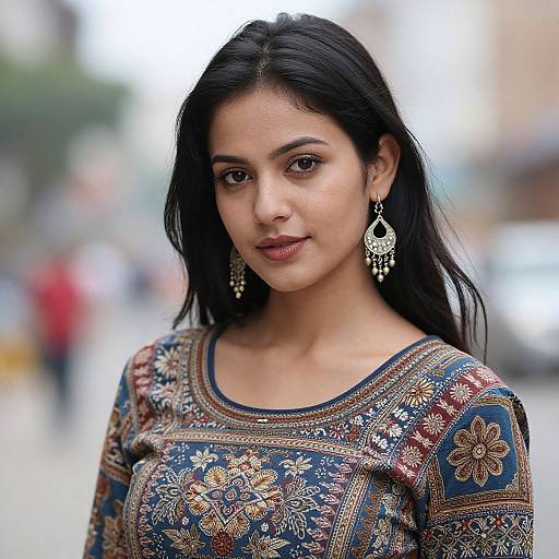 Photograph of a young South Asian woman with long black hair, wearing an intricate embroidered blue blouse and ornate silver earrings, standing outdoors with a blurred
