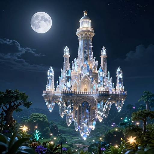Glowing, crystalline floating castle illuminated by moonlight, surrounded by lush, enchanted forest with colorful, magical lights under a starry night sky
