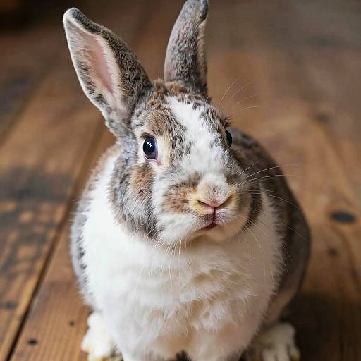 Photograph of a white and brown spotted rabbit with large, upright ears, sitting on a wooden floor, looking directly at the camera.