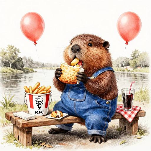 Determined Beaver Enjoying Riverside KFC
