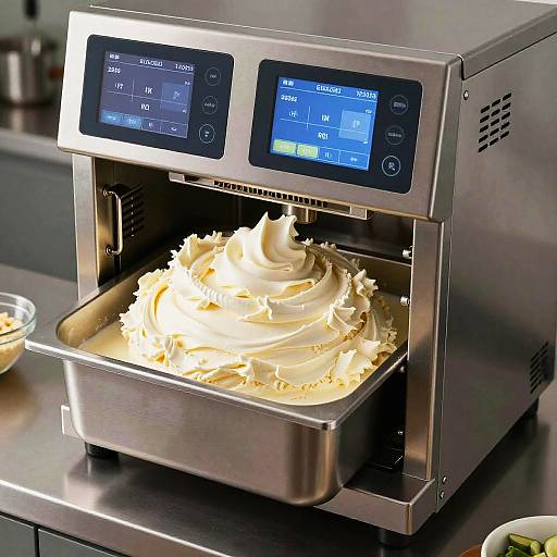 Photograph of a stainless steel ice cream maker with whipped cream in a metal bowl, digital display showing temperature and time.
