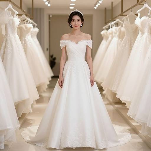 Photograph of an Asian woman with fair skin, wearing a white off-shoulder lace wedding dress, standing in a bright, elegant bridal boutique with