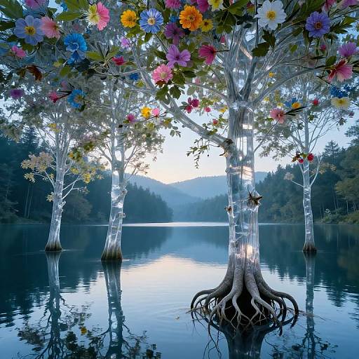 Photograph of surreal, colorful trees with flowers standing in a calm, reflective lake at dawn, with misty forest background.