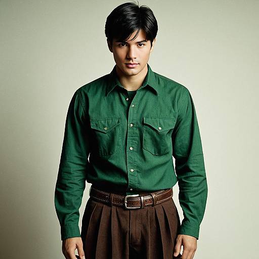 Man in Green Shirt and Pleated Brown Trousers