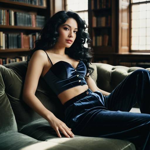 Elegant Woman Relaxing on Velvet Couch in Library