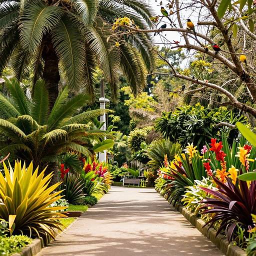 Photograph of a sunlit, tropical garden pathway lined with vibrant, colorful flowers, large green palm leaves, and lush foliage, leading to a distant