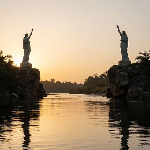 Photograph of a sunset over a calm river, silhouetted statues with raised arms on rocky cliffs on either side.