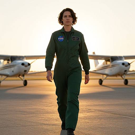 Photograph of a woman with curly hair in a dark green NASA jumpsuit walking on an airport tarmac at sunset, with two small white aircraft in