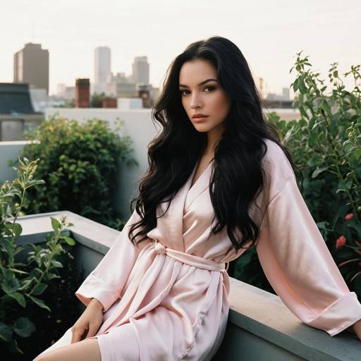 Woman in Pink Satin Robe on Rooftop Garden