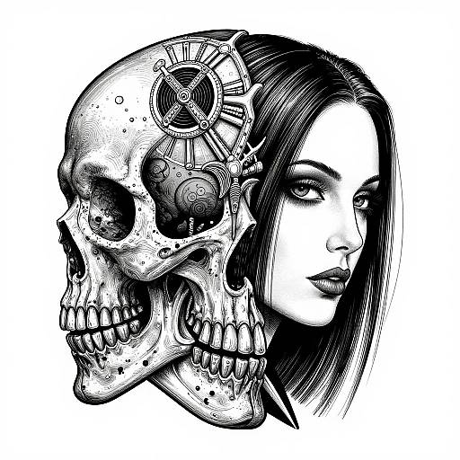 Black-and-white digital illustration of a woman with long dark hair, partially obscured by a detailed, gears-adorned skull on her left side.