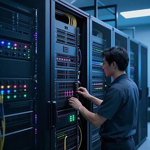 Photograph of an Asian man in a dark shirt adjusting colorful lit buttons on black server racks in a blue-lit data center.