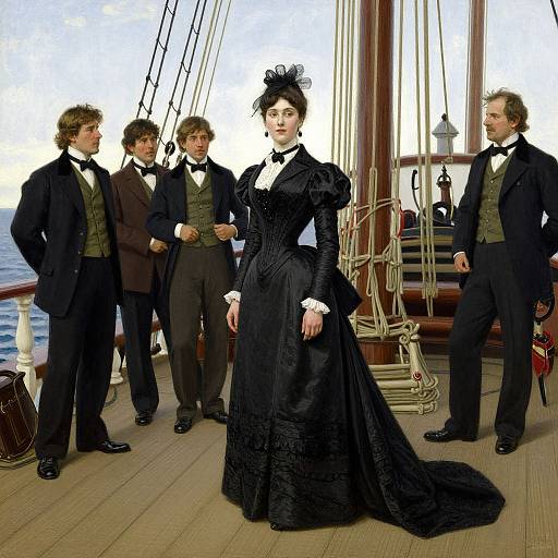 Photograph of five men in black Victorian attire with a woman in an elaborate black dress, standing on a ship deck.