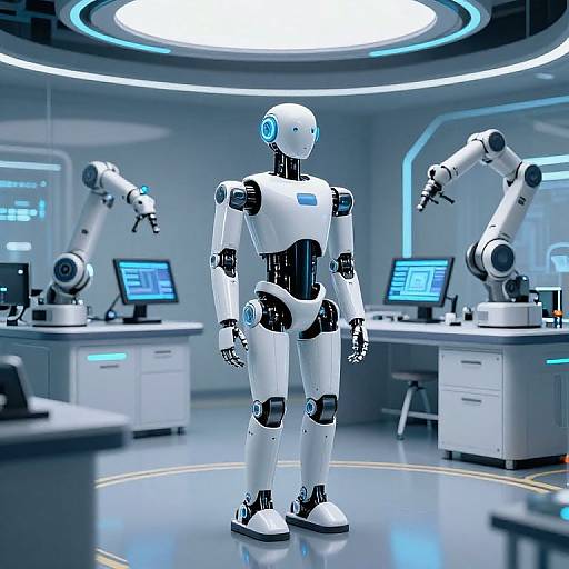 Photorealistic CGI image of a white, humanoid robot with blue accents standing in a futuristic lab with two robotic arms and computer monitors.
