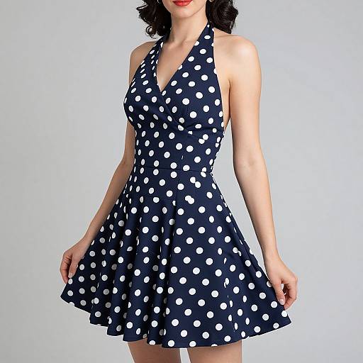 Photograph of a fair-skinned woman with wavy black hair, wearing a navy blue, halter-neck dress with white polka dots, standing