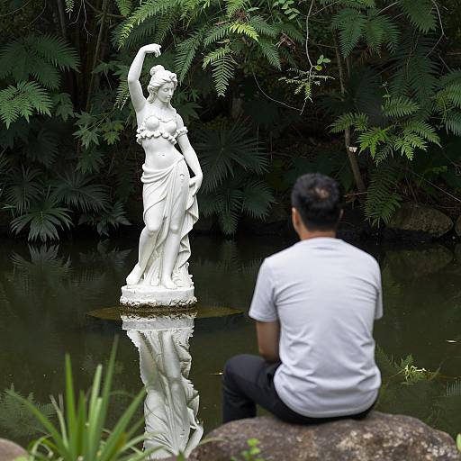 Serene Forest Pond with Enigmatic Statue